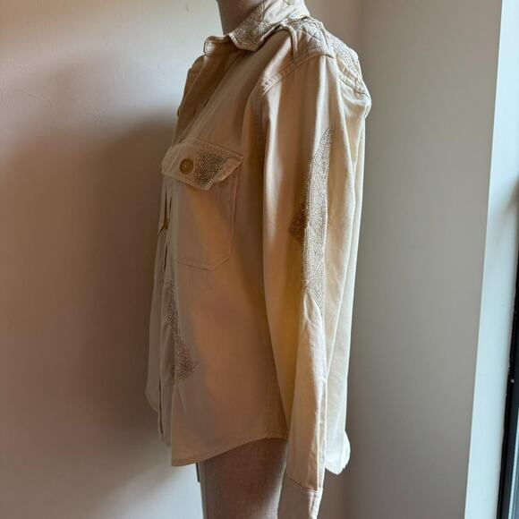 Polo Ralph Lauren Silver Beaded Cotton Twill Shirt Cream XS Western Style - Picture 5 of 8